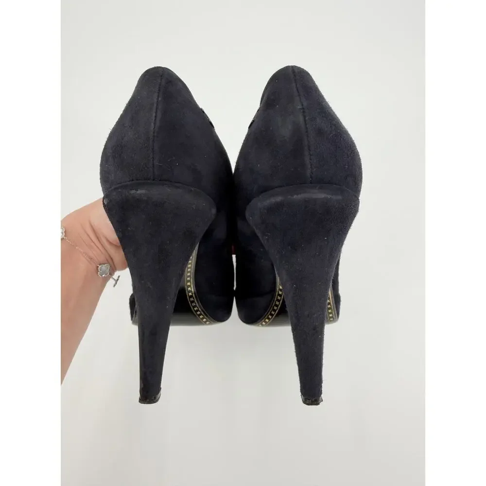 Chanel Black Suede Patent Cap Toe Platform Pumps CC Logo Heel Shoes 39.5 US 9